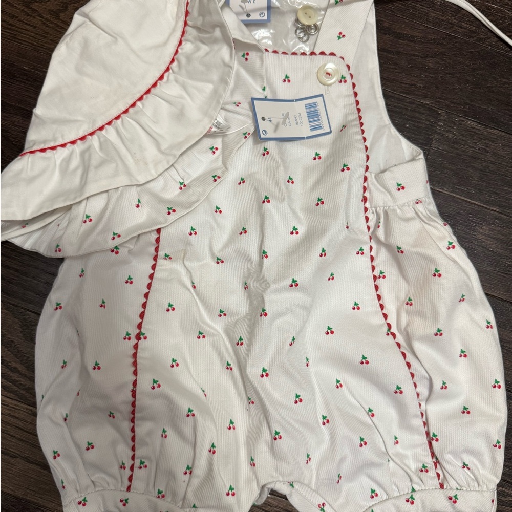 Jacadi White Baby Romper with Cherry Print and Matching Hat